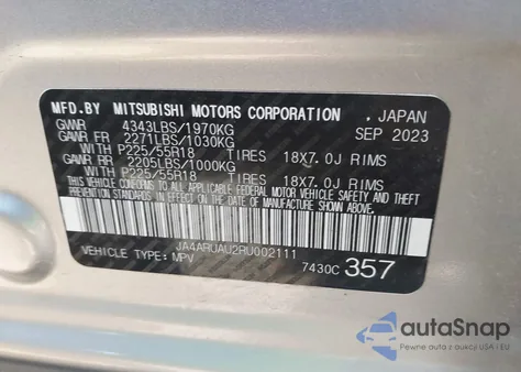 2024 Mitsubishi Outlander Sport 2.0 Es Awc/2.0 Le Awc/2.0 Ralliart Awc/2.0 S Awc/2.0 Se Awc/2.0 Trail Edition Awc from USA, damaged, VIN JA4ARUAU2RU002111